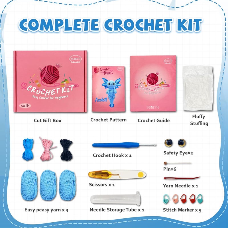 SGIBYN Crochet Kit for Beginners, 11.8 Inch Large Axolotl Amigurumi Crochet Kit with Step-by-Step Video Tutorials, Easy Animal DIY Knitting Craft Kit for Women, Teens & Adults - Image 4